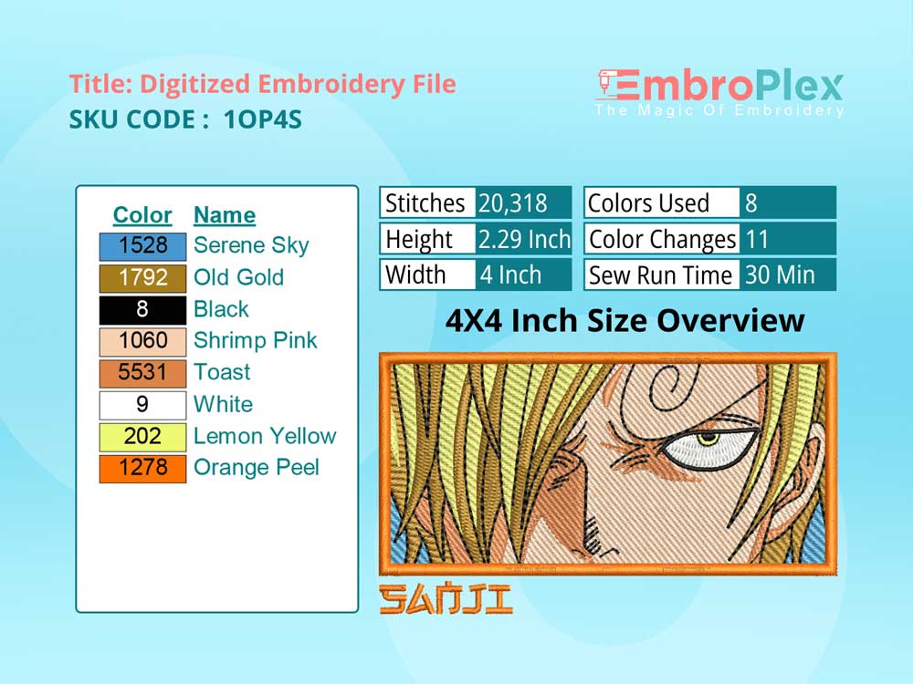 Anime-Inspired Sanji Embroidery Design File - 4x4 Inch hoop Size Variation overview image