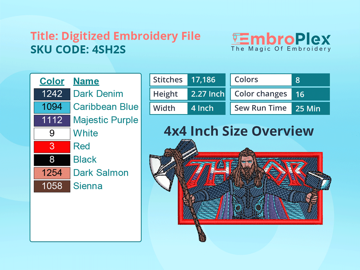 Super Hero-Inspired Thor Embroidery Design File - 4x4 Inch hoop Size Variation overview image