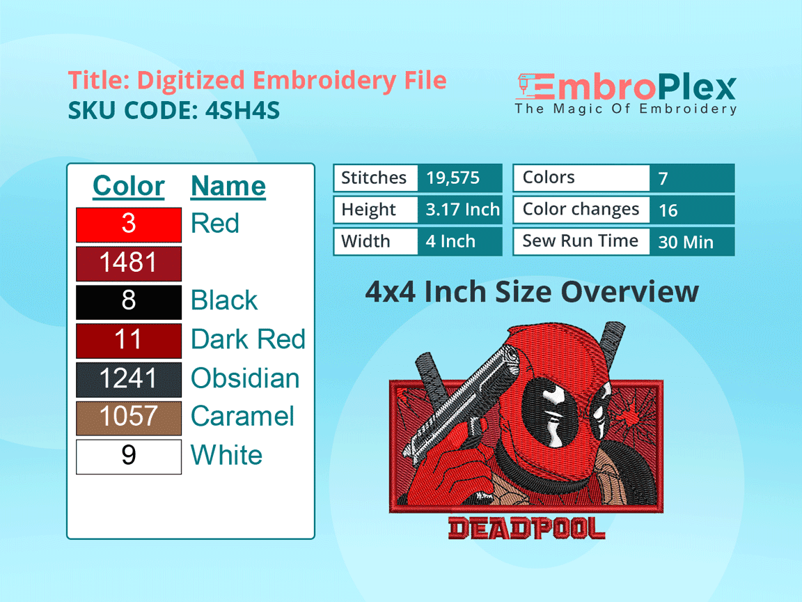 Super Hero-Inspired  Deadpool Embroidery Design File - 4x4 Inch hoop Size Variation overview image