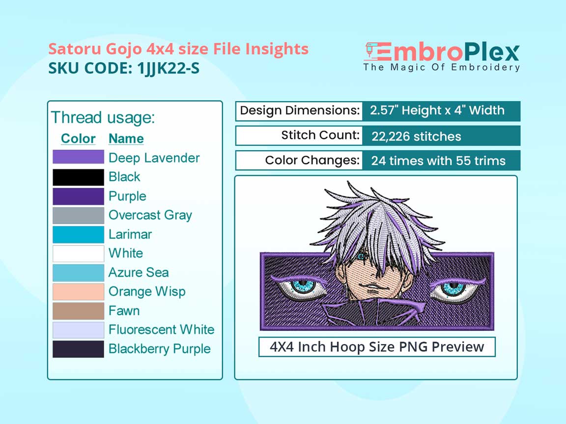 Anime-Inspired Satoru Gojo Embroidery Design File - 4x4 Inch hoop Size Variation overview image