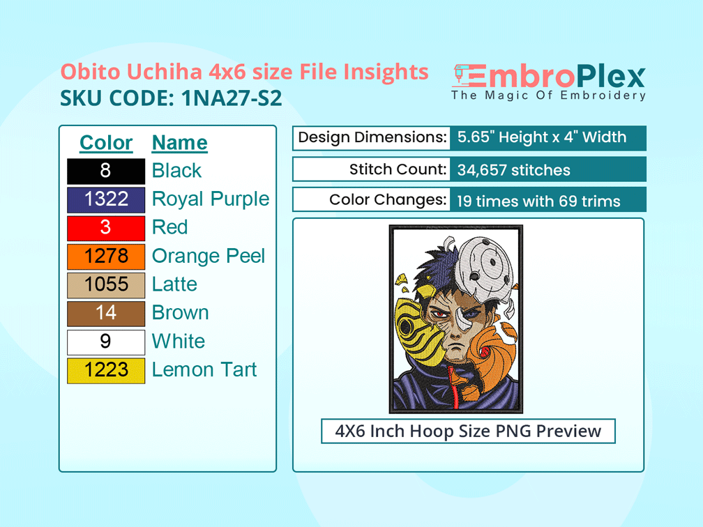 Anime-Inspired Obito Uchiha Embroidery Design File - 4x6 Inch hoop Size Variation overview image