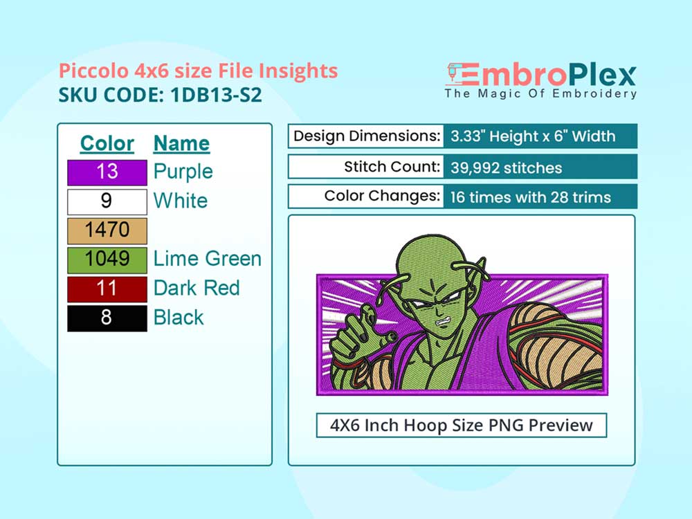 Anime-Inspired Piccolo Embroidery Design File - 4x6 Inch hoop Size Variation overview image