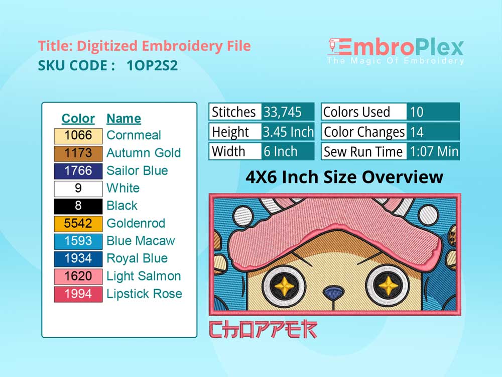 Anime-Inspired Chopper Embroidery Design File - 4x6 Inch hoop Size Variation overview image