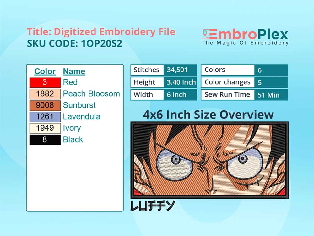  Anime-Inspired Luffy Embroidery Design File - 4x6 Inch hoop Size Variation overview image