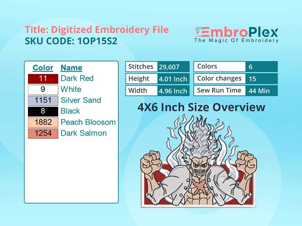 Anime-Inspired Luffy Gear Embroidery Design File - 4x6 Inch hoop Size Variation overview image