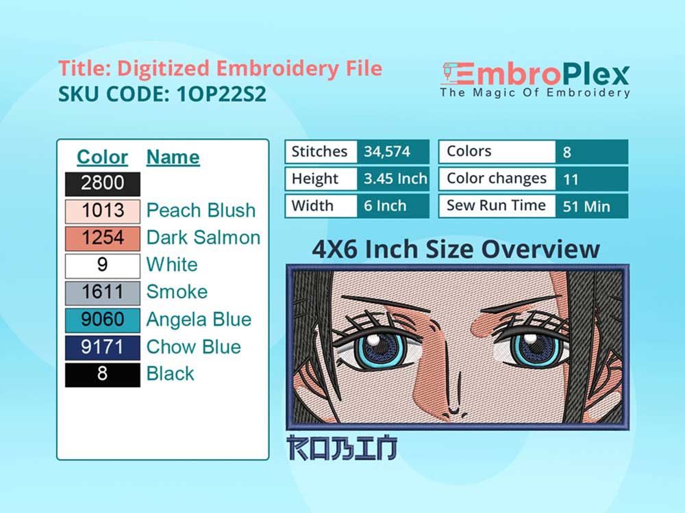 Anime-Inspired Nico Robin Embroidery Design File - 4x6 Inch hoop Size Variation overview image