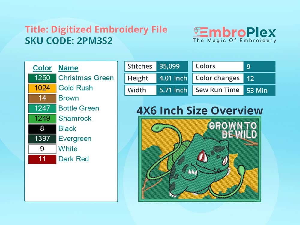 Cartoon-Inspired Bulbasaur Embroidery Design File - 4x6 Inch hoop Size Variation overview image