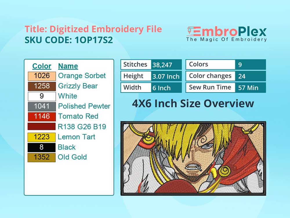 Anime-Inspired Sanji Embroidery Design File - 4x6 Inch hoop Size Variation overview image