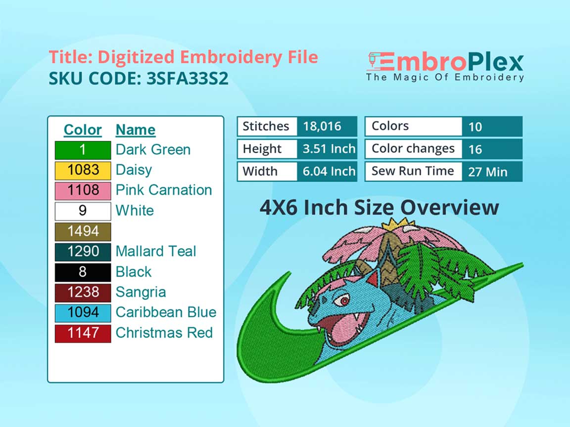 Bulbasaur Embroidery Design File - 4x6 Inch hoop Size Variation overview image