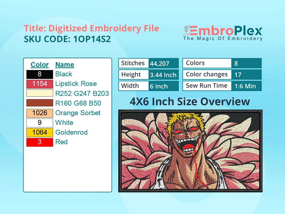 Anime-Inspired Donquixote Doflamingo Embroidery Design File - 4x6 Inch hoop Size Variation overview image