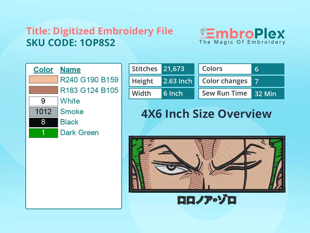 Anime-Inspired Zoro Rectangle Embroidery Design File - 4x6 Inch hoop Size Variation overview image