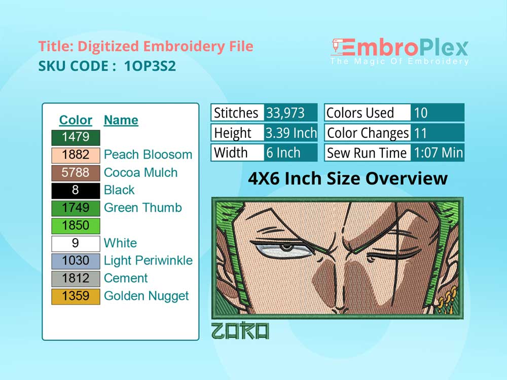 Anime-Inspired Roronoa Zoro Embroidery Design File - 4x6 Inch hoop Size Variation overview image