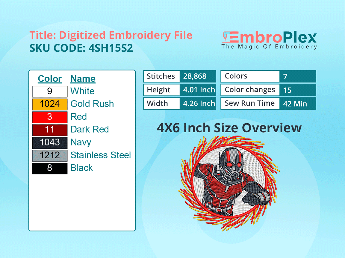 Super Hero-Inspired    Ant-Man Embroidery Design File - 4x6 Inch hoop Size Variation overview image