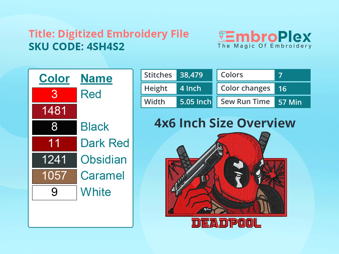 Super Hero-Inspired  Deadpool Embroidery Design File - 4x6 Inch hoop Size Variation overview image