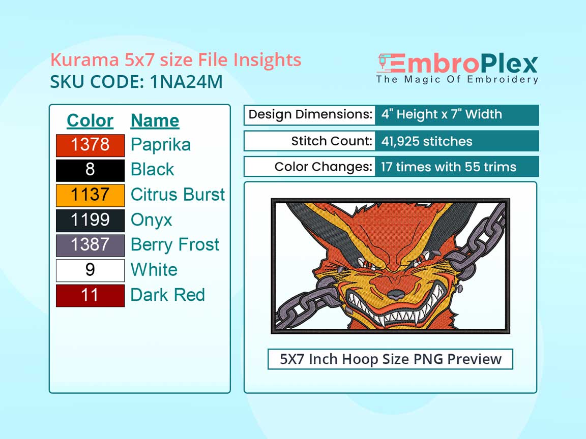 Anime-Inspired Kurama Embroidery Design File - 5x7 Inch hoop Size Variation overview image