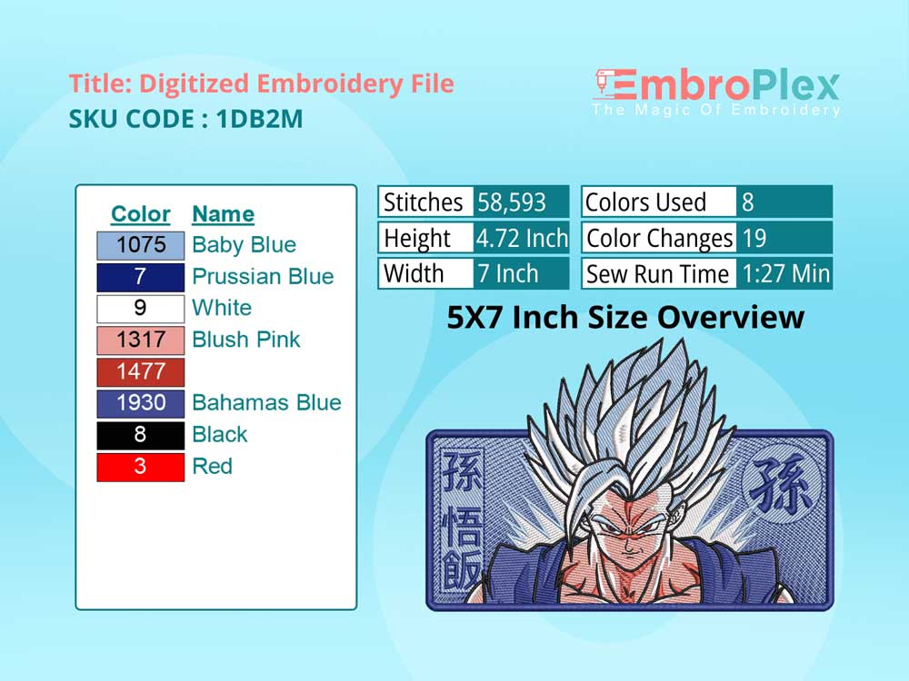 Anime-Inspired Gohan Embroidery Design File - 5x7 Inch hoop Size Variation overview image