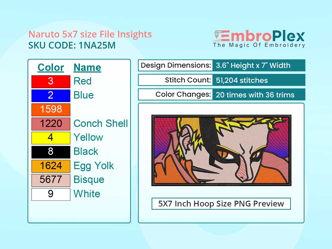 Anime-Inspired Naruto Embroidery Design File - 5x7 Inch hoop Size Variation overview image
