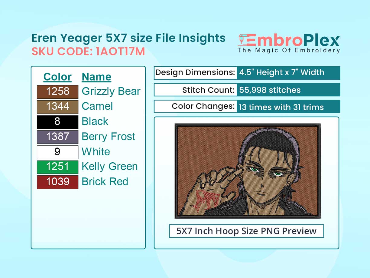 Anime-Inspired Eren Yeager Embroidery Design File - 5x7 Inch hoop Size Variation overview image