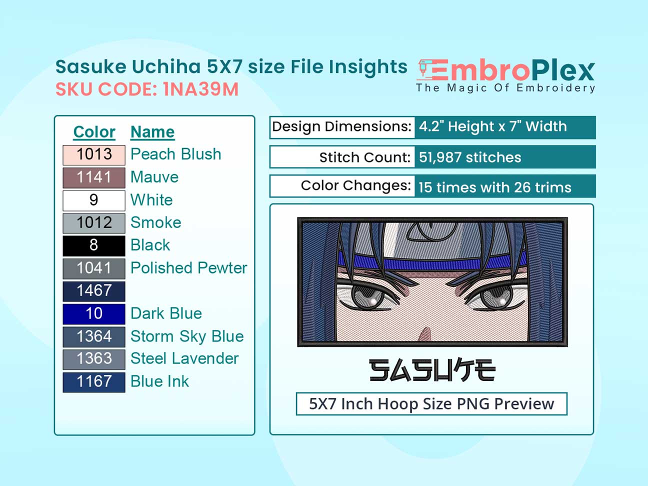 Anime-Inspired Sasuke Uchiha Embroidery Design File - 5x7 Inch hoop Size Variation overview image