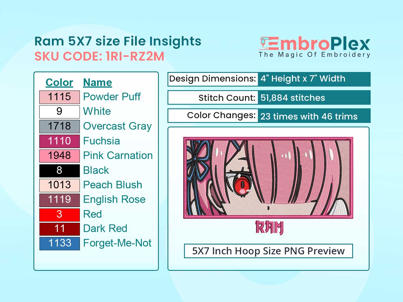 Anime-Inspired Ram Embroidery Design File - 5x7 Inch hoop Size Variation overview image