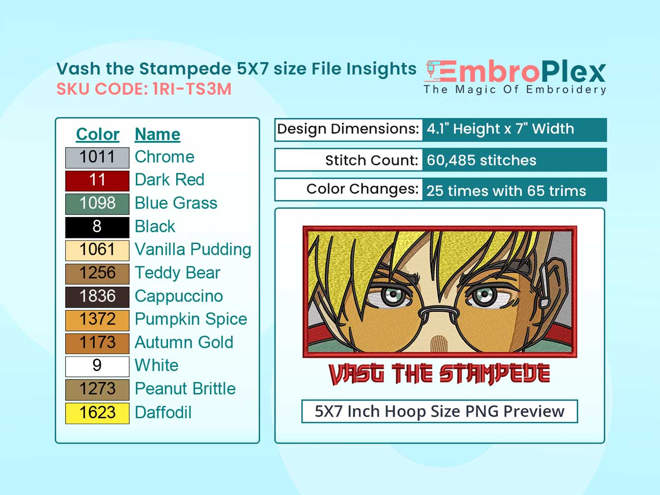 Anime-Inspired Vash the Stampede Embroidery Design File - 5x7 Inch hoop Size Variation overview image