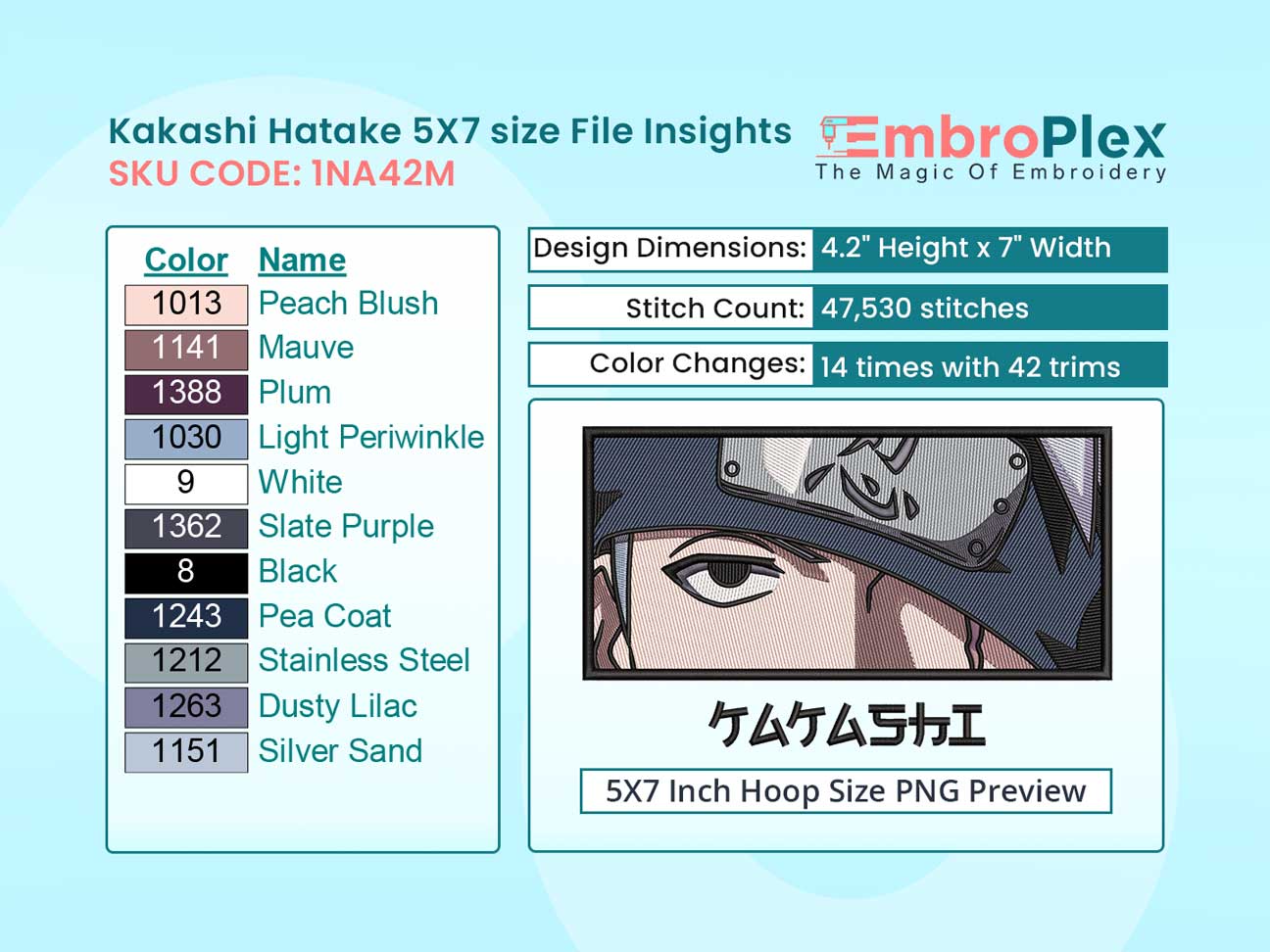 Anime-Inspired Kakashi Hatake Embroidery Design File - 5x7 Inch hoop Size Variation overview image