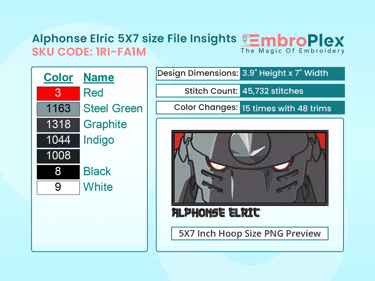 Anime-Inspired Alphonse Elric Embroidery Design File - 5x7 Inch hoop Size Variation overview image