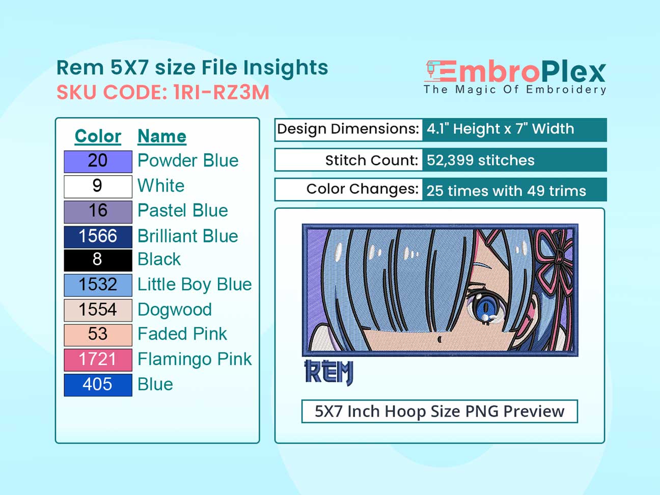 Anime-Inspired Rem Embroidery Design File - 5x7 Inch hoop Size Variation overview image