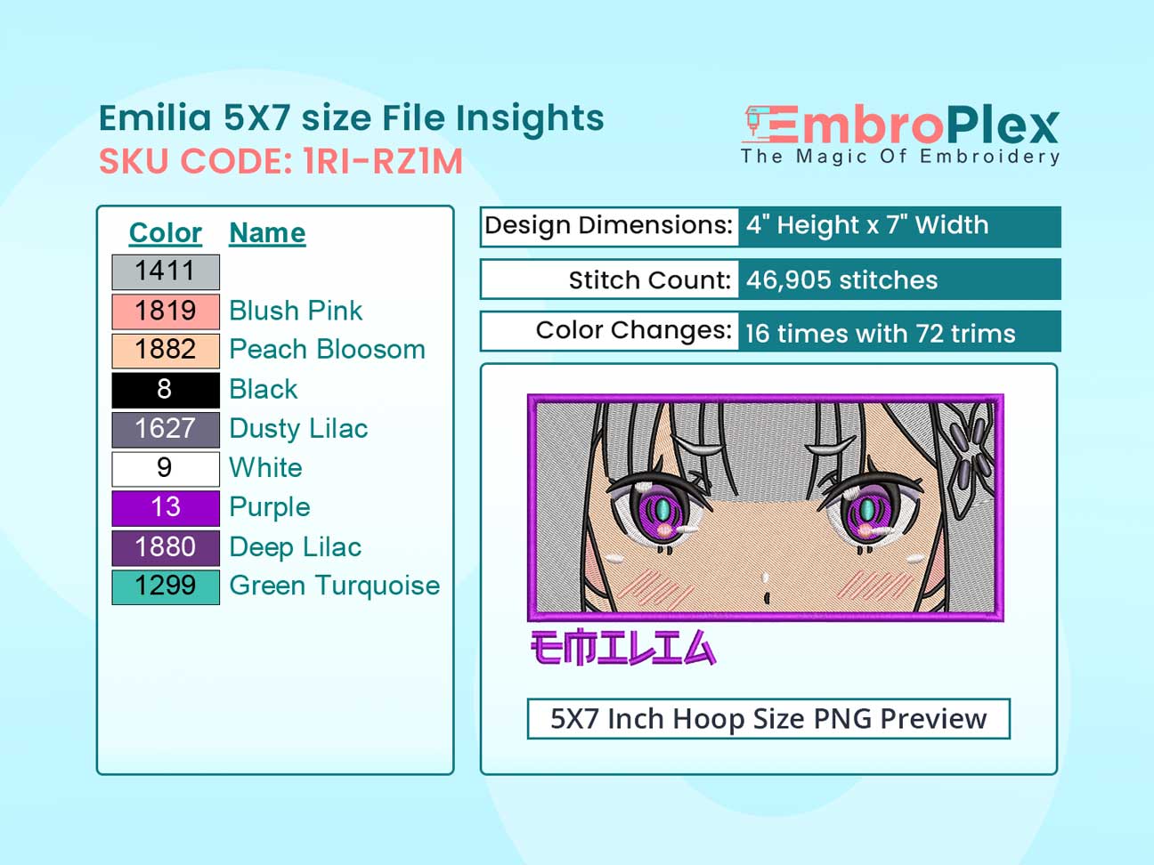 Anime-Inspired Emilia Embroidery Design File - 5x7 Inch hoop Size Variation overview image