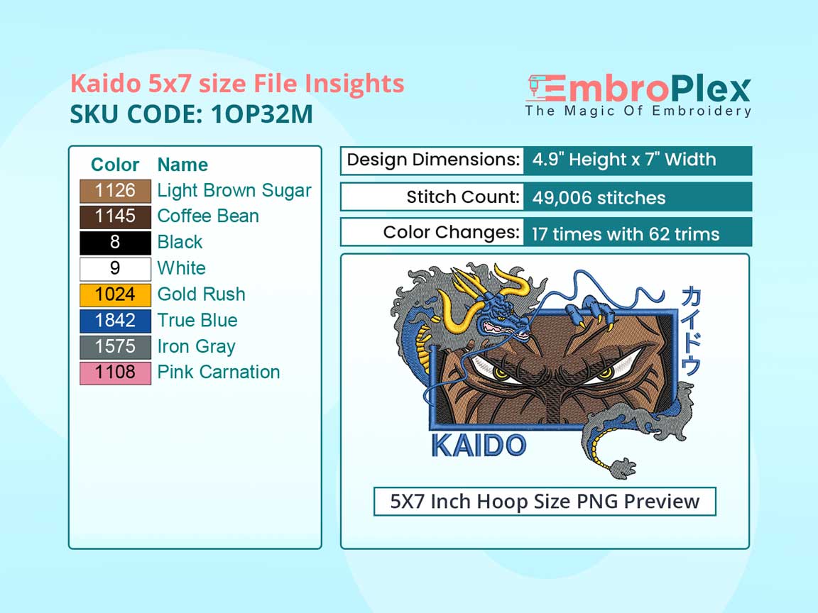 Anime-Inspired Kaido Embroidery Design File - 5x7 Inch hoop Size Variation overview image
