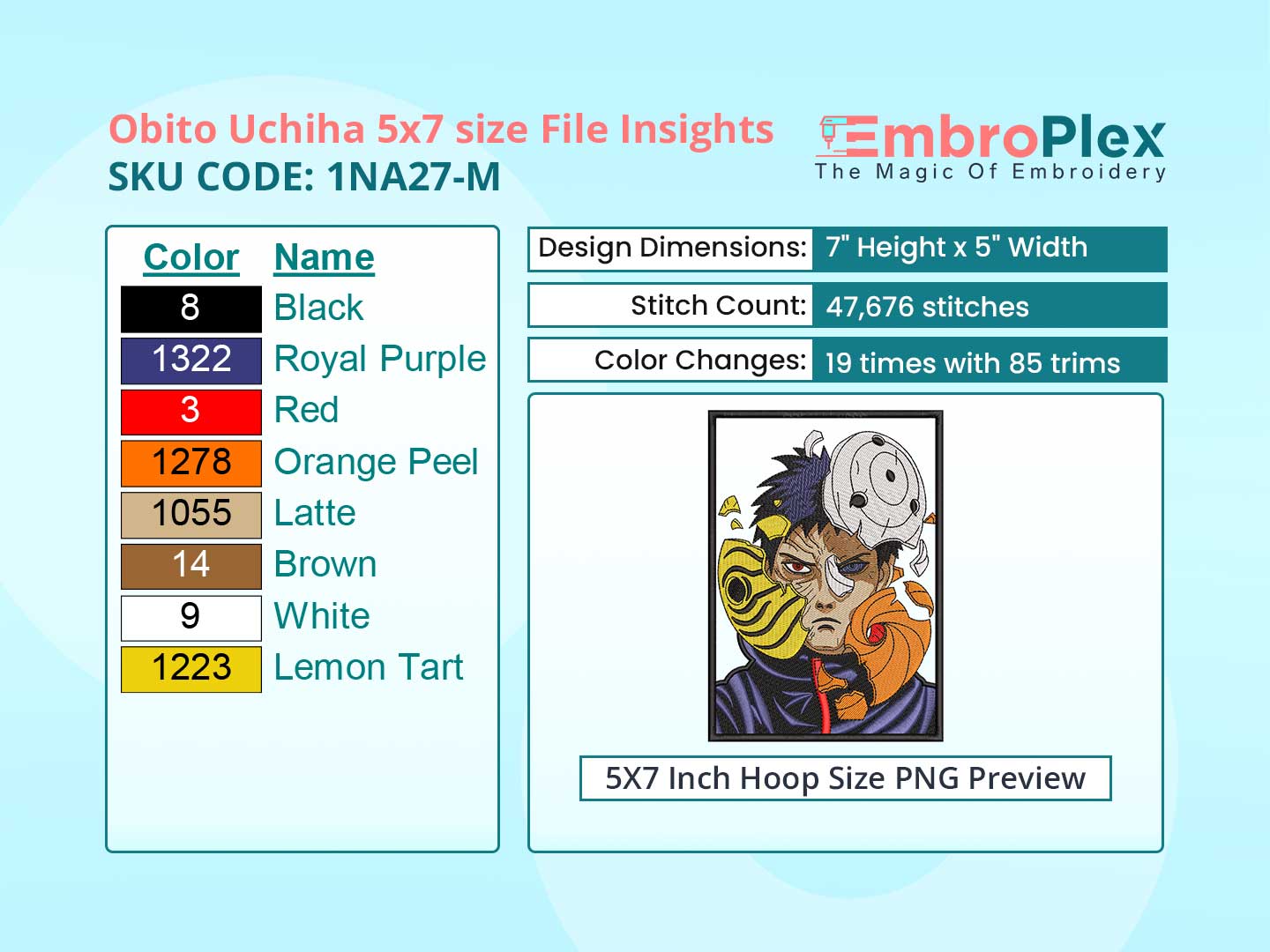 Anime-Inspired Obito Uchiha Embroidery Design File - 5x7 Inch hoop Size Variation overview image