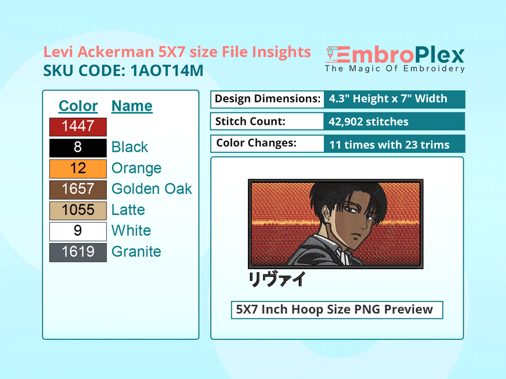Anime-Inspired Levi Ackerman  Embroidery Design File - 5x7 Inch hoop Size Variation overview image