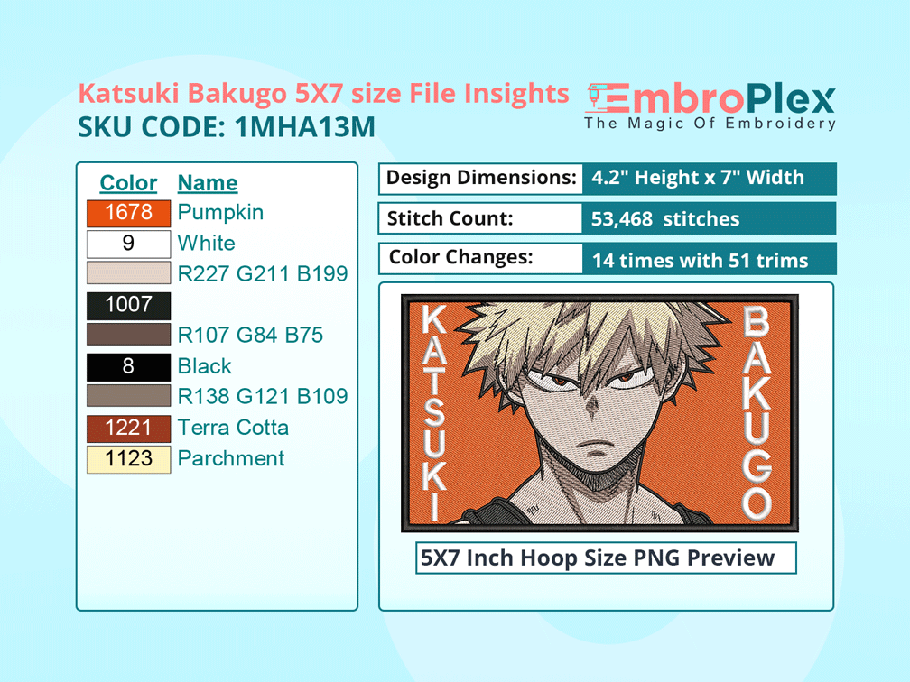 Anime-Inspired Katsuki Bakugo Embroidery Design File - 5x7 Inch hoop Size Variation overview image