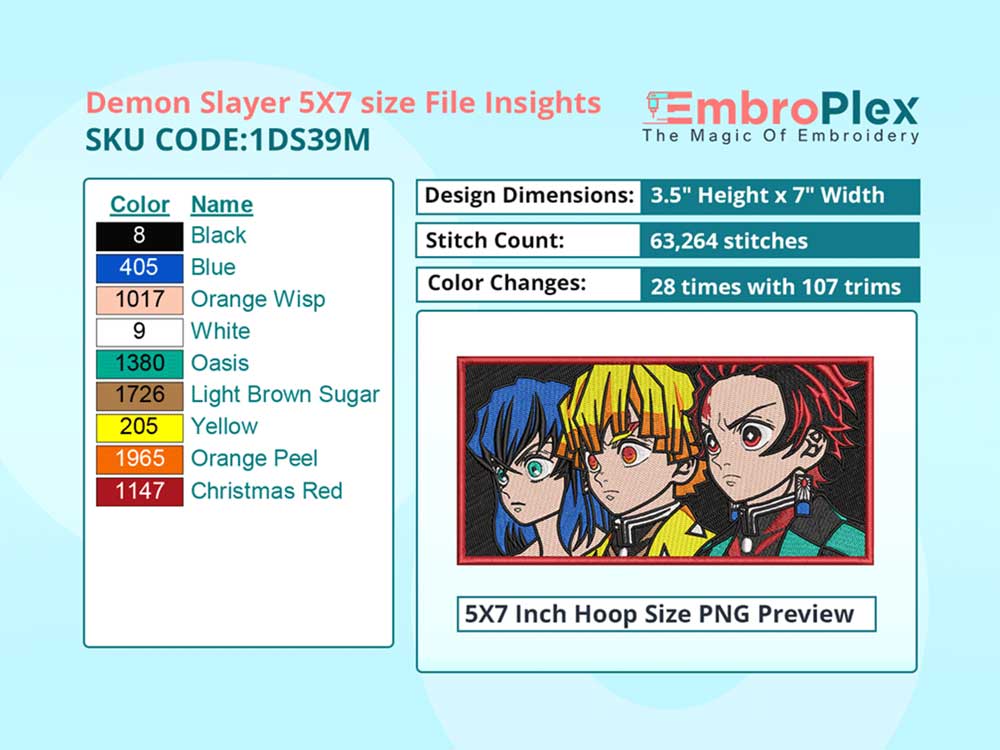 Anime-Inspired Demon Slayer Embroidery Design File - 5x7 Inch hoop Size Variation overview image
