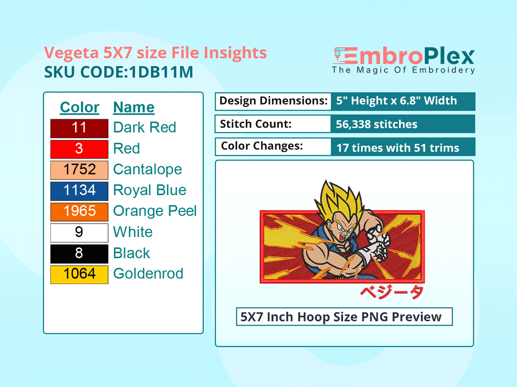 Anime-Inspired Vegeta Embroidery Design File - 5x7 Inch hoop Size Variation overview image