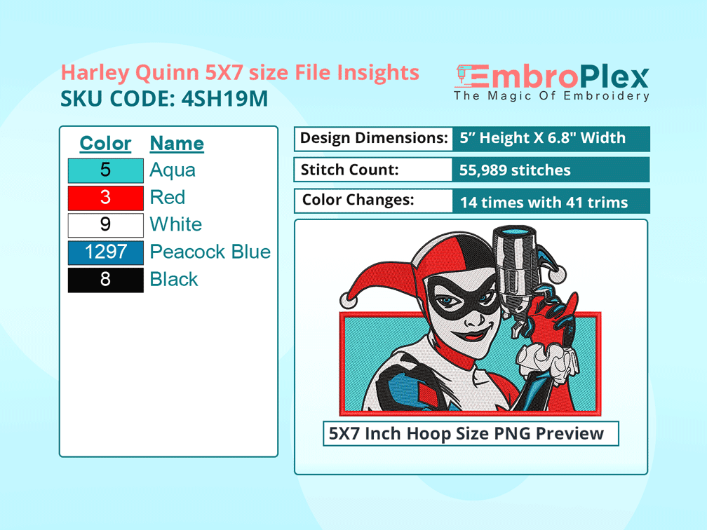 Super Hero-Inspired  Harley Quinn Embroidery Design File - 5x7 Inch hoop Size Variation overview image