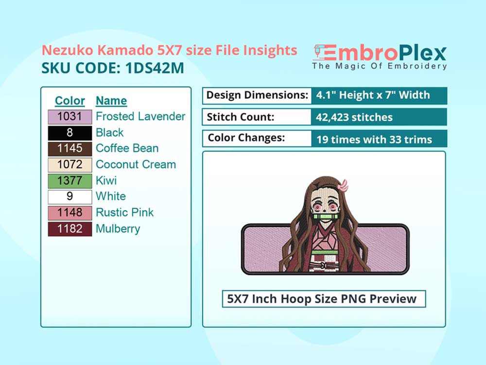 Anime-Inspired Nezuko Kamado Embroidery Design File - 5x7 Inch hoop Size Variation overview image