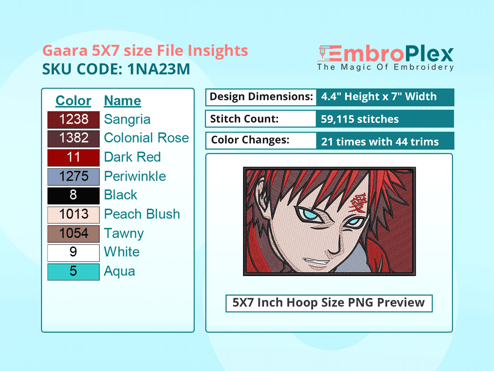 Anime-Inspired Gaara Embroidery Design File - 5x7 Inch hoop Size Variation overview image