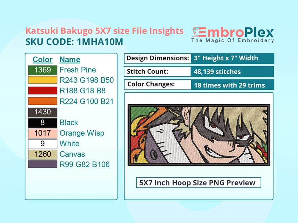Anime-Inspired Katsuki Bakugo Embroidery Design File - 5x7 Inch hoop Size Variation overview image