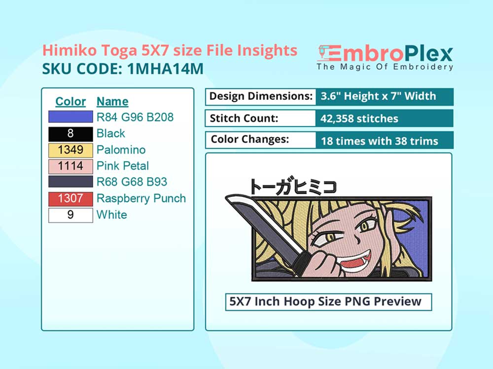 Anime-Inspired Himiko Toga Embroidery Design File - 5x7 Inch hoop Size Variation overview image