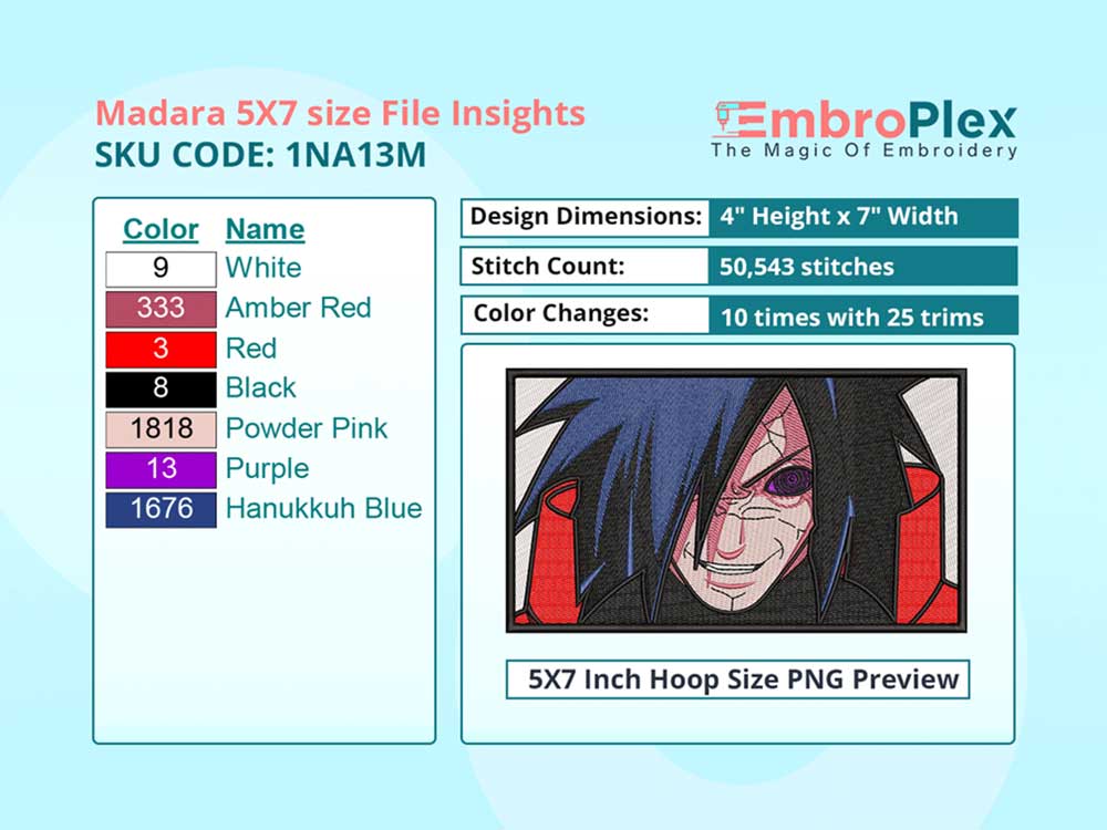 Anime-Inspired Madara Uchiha Embroidery Design File - 5x7 Inch hoop Size Variation overview image