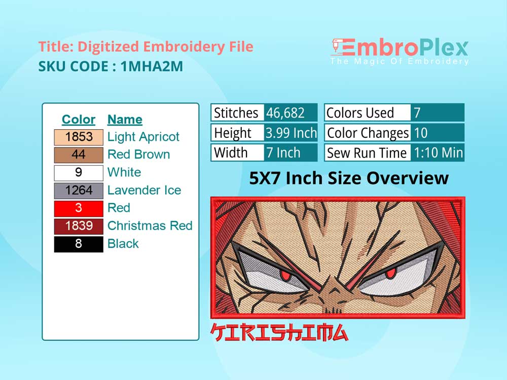 Anime-Inspired Eijiro Kirishima Embroidery Design File - 5x7 Inch hoop Size Variation overview image