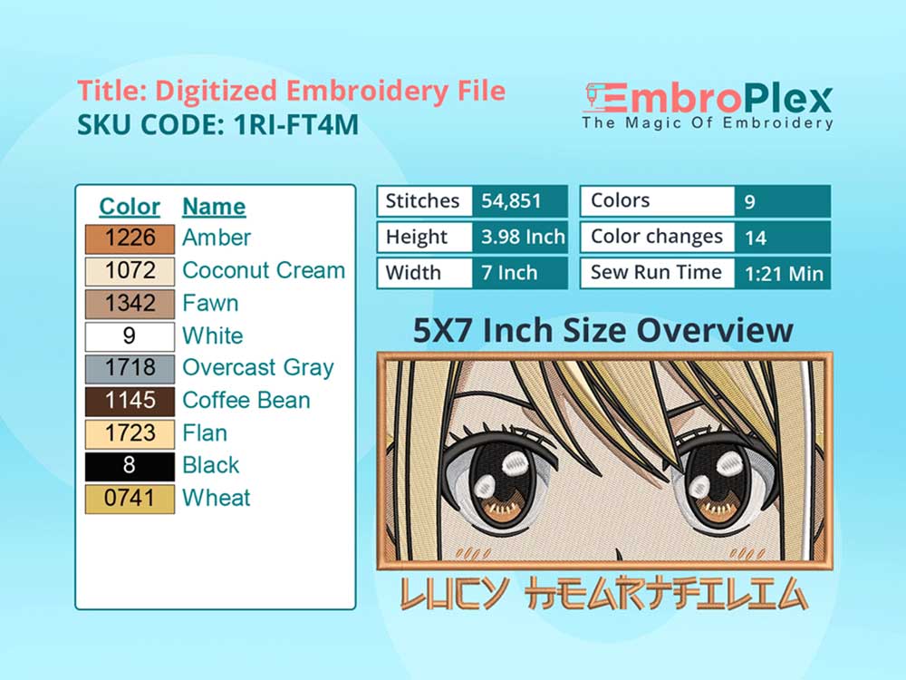 Anime-Inspired Lucy Heartfilia Embroidery Design File - 5x7 Inch hoop Size Variation overview image