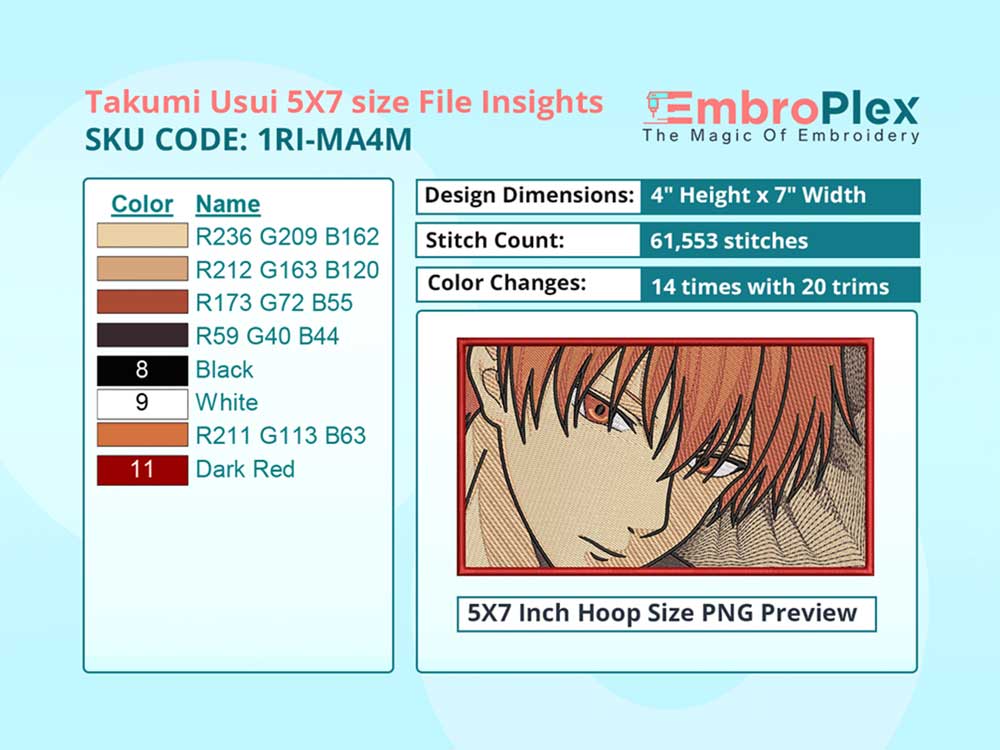  Anime-Inspired Takumi Usui Embroidery Design File - 5x7 Inch hoop Size Variation overview image
