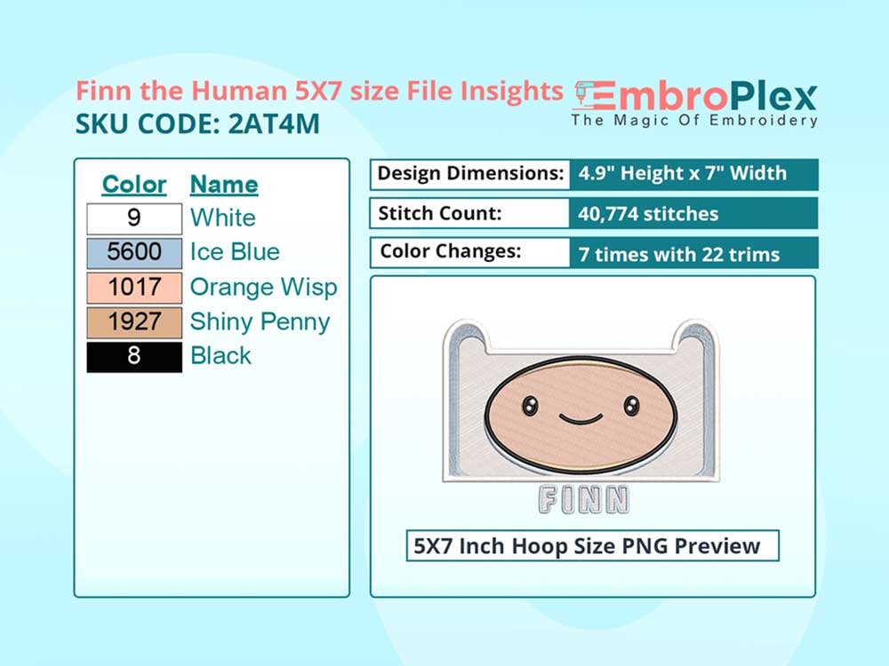 Cartoon-Inspired Finn the Human Embroidery Design File - 5x7 Inch hoop Size Variation overview image