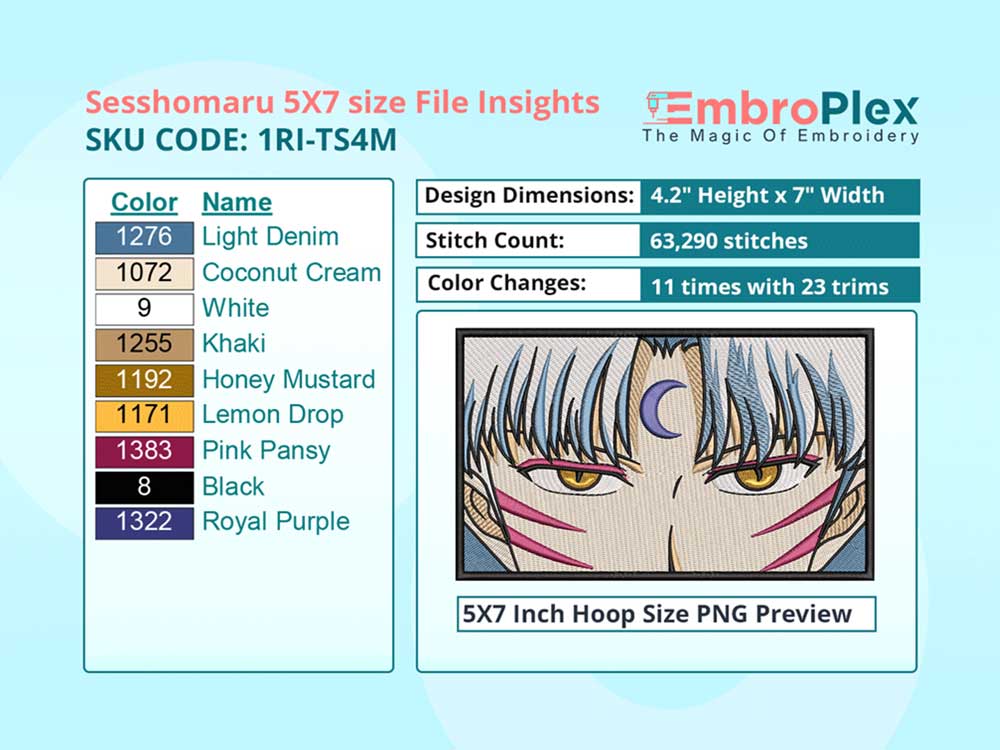 Anime-Inspired Sesshomaru Embroidery Design File - 5x7 Inch hoop Size Variation overview image