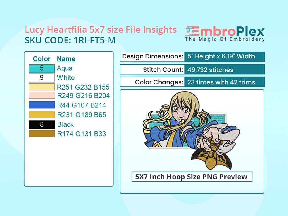 Anime-Inspired Lucy Heartfilia Embroidery Design File - 5x7 Inch hoop Size Variation overview image