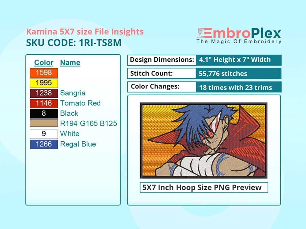  Anime-Inspired Kamina Embroidery Design File - 5x7 Inch hoop Size Variation overview image