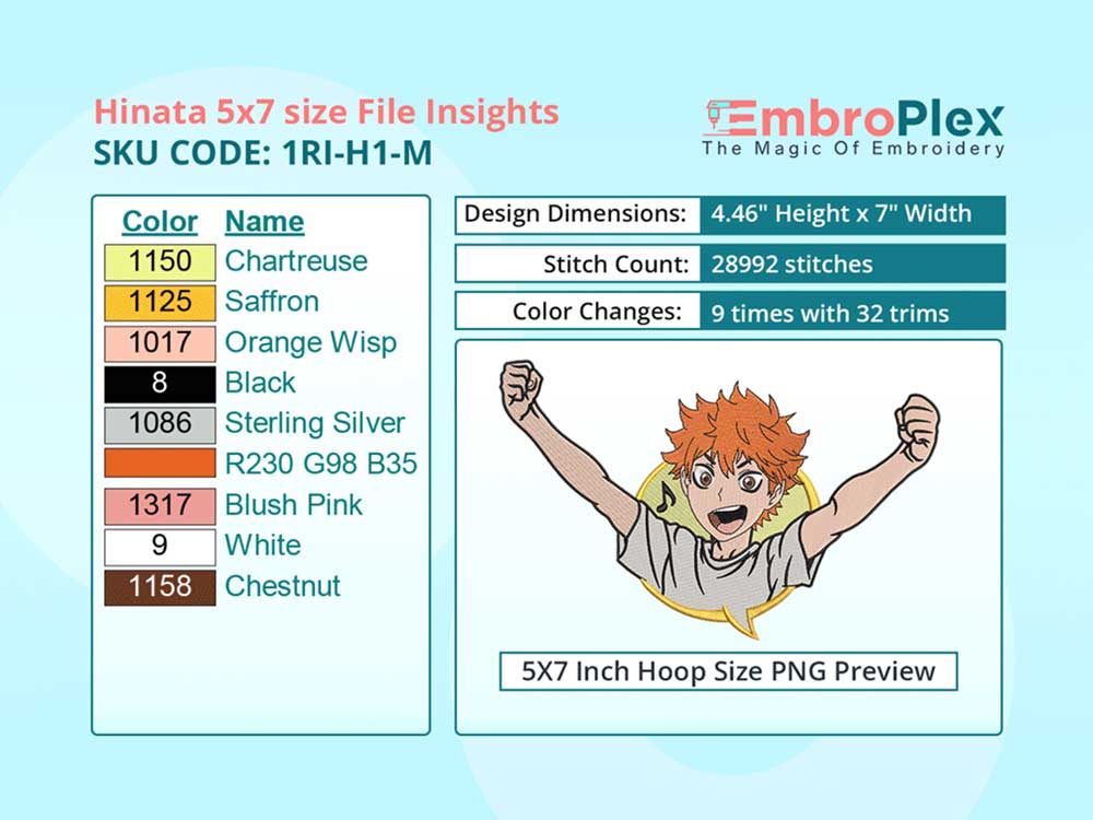 Anime-Inspired Shoyo Hinata Embroidery Design File - 5x7 Inch hoop Size Variation overview image