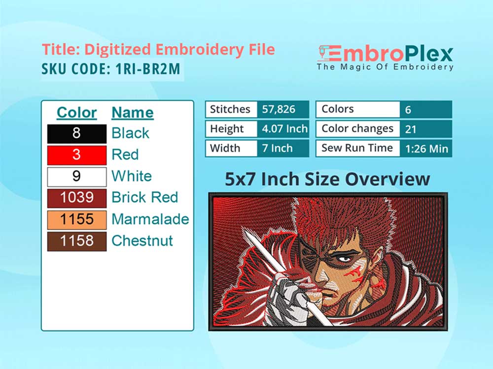 Anime-Inspired Berserk Embroidery Design File - 5x7 Inch hoop Size Variation overview image